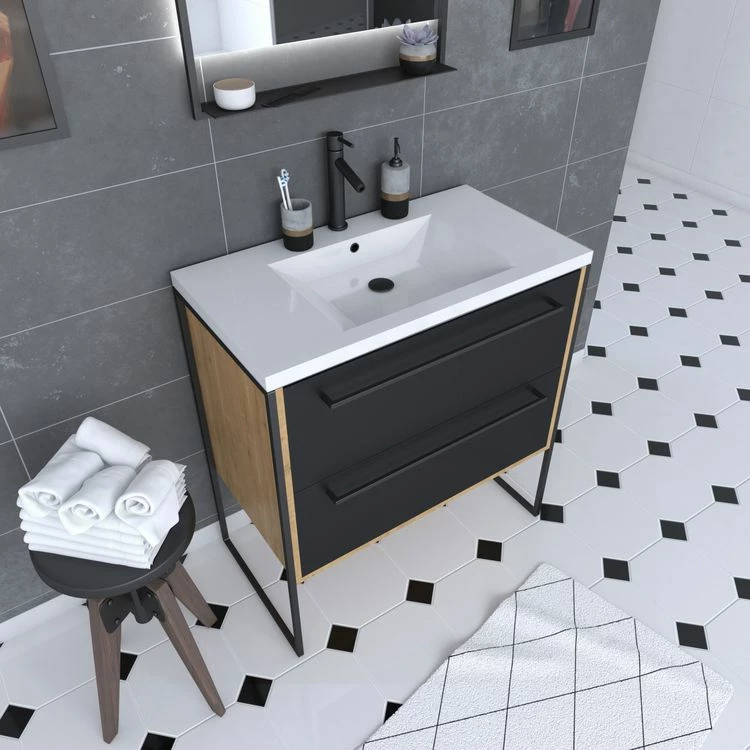 Aurlane Meuble De Salle De Bain 80x50cm - Vasque Blanche 80x50cm - 2 Tiroirs Noir Mat 1 Aurlane Meuble De Salle De Bain 80x50cm - Vasque Blanche 80x50cm - 2 Tiroirs Noir Mat