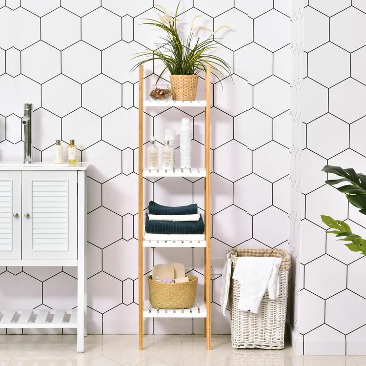 HOMCOM Etagère En Bambou De Salle De Bain 4 Niveaux à Lattes Dim. 35L X 36l X 138H Cm Bois Pin Blanc 2 HOMCOM Etagère En Bambou De Salle De Bain 4 Niveaux à Lattes Dim. 35L X 36l X 138H Cm Bois Pin Blanc – Image 2