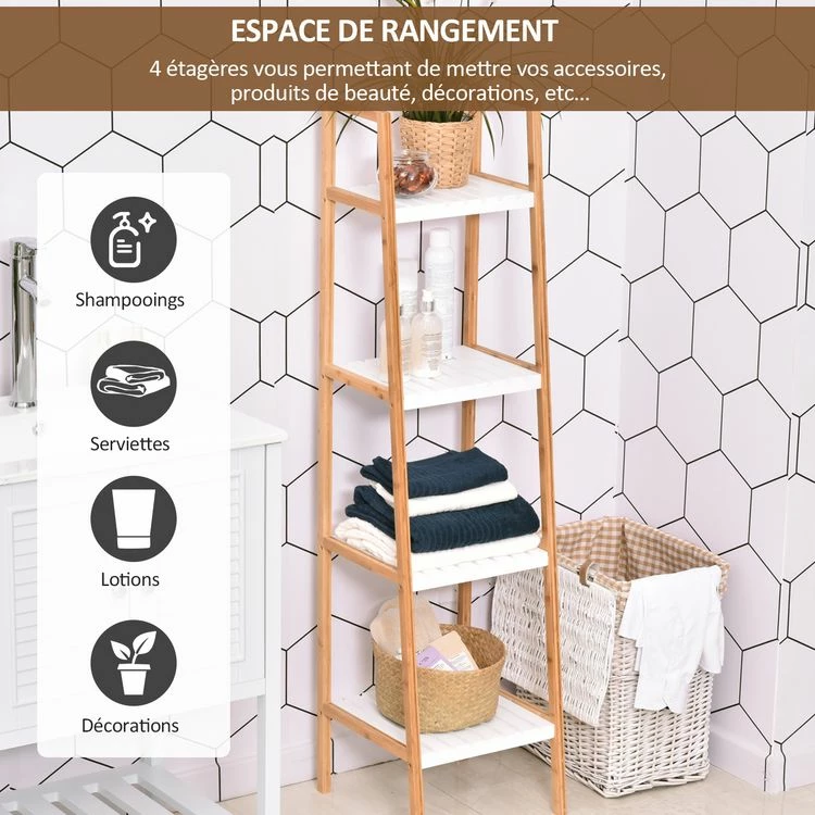 HOMCOM Etagère En Bambou De Salle De Bain 4 Niveaux à Lattes Dim. 35L X 36l X 138H Cm Bois Pin Blanc 4 HOMCOM Etagère En Bambou De Salle De Bain 4 Niveaux à Lattes Dim. 35L X 36l X 138H Cm Bois Pin Blanc – Image 4