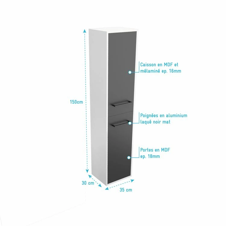 Aurlane Colonne De Salle De Bain Blanche 30x35x150 Cm Avec 2 Portes Et Poignées Noir Mat - STRUCTURA P026 4 Aurlane Colonne De Salle De Bain Blanche 30x35x150 Cm Avec 2 Portes Et Poignées Noir Mat - STRUCTURA P026 – Image 4