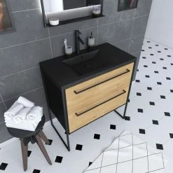 Aurlane Meuble De Salle De Bain 80x50 Cm NOIR MAT - 2 Tiroirs Chêne Brun - Vasque Résine Noir Effet Pierre