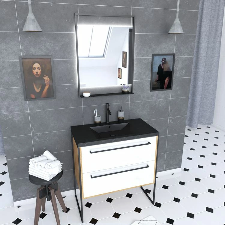 Aurlane Meuble De Salle De Bain 80x50cm - Vasque Noir Effet Pierre 80x50cm - 2 Tiroirs - Miroir Led 1 Aurlane Meuble De Salle De Bain 80x50cm - Vasque Noir Effet Pierre 80x50cm - 2 Tiroirs - Miroir Led