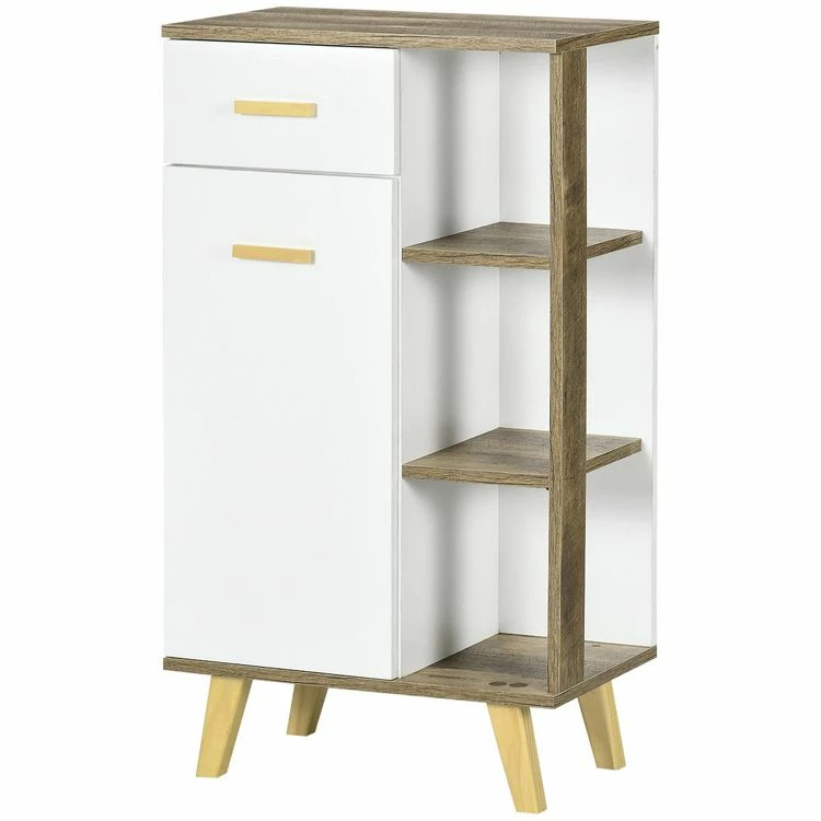 KLEANKIN Meuble De Rangement Bas De Salle De Bain Porte Tiroir 3 étagères Piètement Poignées Pin Panneaux Blanc Aspect Bois Naturel 1 KLEANKIN Meuble De Rangement Bas De Salle De Bain Porte Tiroir 3 étagères Piètement Poignées Pin Panneaux Blanc Aspect Bois Naturel