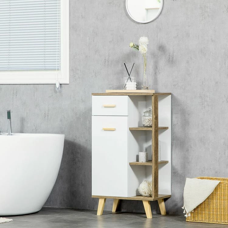 KLEANKIN Meuble De Rangement Bas De Salle De Bain Porte Tiroir 3 étagères Piètement Poignées Pin Panneaux Blanc Aspect Bois Naturel 2 KLEANKIN Meuble De Rangement Bas De Salle De Bain Porte Tiroir 3 étagères Piètement Poignées Pin Panneaux Blanc Aspect Bois Naturel – Image 2