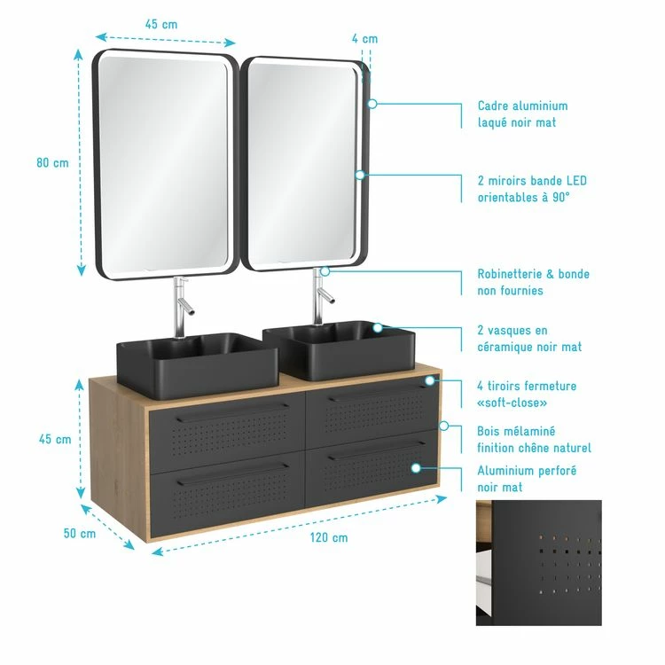 Aurlane Pack Meuble SDB 120cm Suspendu 4 Tiroirs_2 Vasques Noires Rectangles + 2 Miroirs Led - UBY 120 4 Aurlane Pack Meuble SDB 120cm Suspendu 4 Tiroirs_2 Vasques Noires Rectangles + 2 Miroirs Led - UBY 120 – Image 4