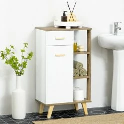 KLEANKIN Meuble De Rangement Bas De Salle De Bain Porte Tiroir 3 étagères Piètement Poignées Pin Panneaux Blanc Aspect Bois Naturel 9 KLEANKIN Meuble De Rangement Bas De Salle De Bain Porte Tiroir 3 étagères Piètement Poignées Pin Panneaux Blanc Aspect Bois Naturel -Paris Prix boutique B2CD 36
