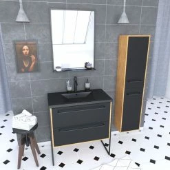 Aurlane Meuble De Salle De Bain 80x50cm - Vasque Noir Effet Pierre -tiroirs Noir Mat + Colonne + Mirroir