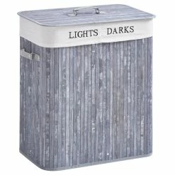 HOMCOM Panier à Linge Corbeille à Linge 2 Bacs Bambou Pliable Couvercle Poignée Sac Amovible En Toile Gris