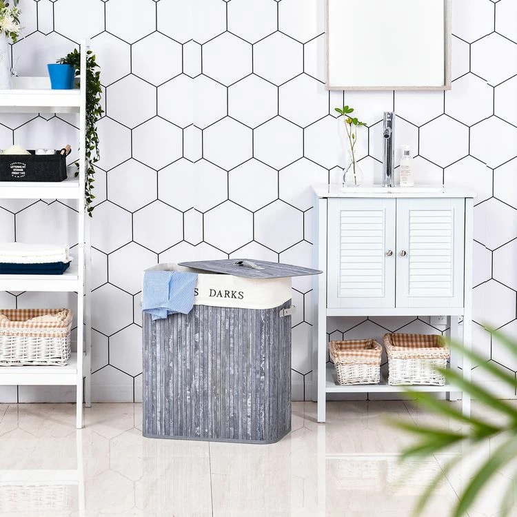 HOMCOM Panier à Linge Corbeille à Linge 2 Bacs Bambou Pliable Couvercle Poignée Sac Amovible En Toile Gris 2 HOMCOM Panier à Linge Corbeille à Linge 2 Bacs Bambou Pliable Couvercle Poignée Sac Amovible En Toile Gris – Image 2