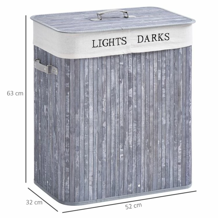 HOMCOM Panier à Linge Corbeille à Linge 2 Bacs Bambou Pliable Couvercle Poignée Sac Amovible En Toile Gris 3 HOMCOM Panier à Linge Corbeille à Linge 2 Bacs Bambou Pliable Couvercle Poignée Sac Amovible En Toile Gris – Image 3