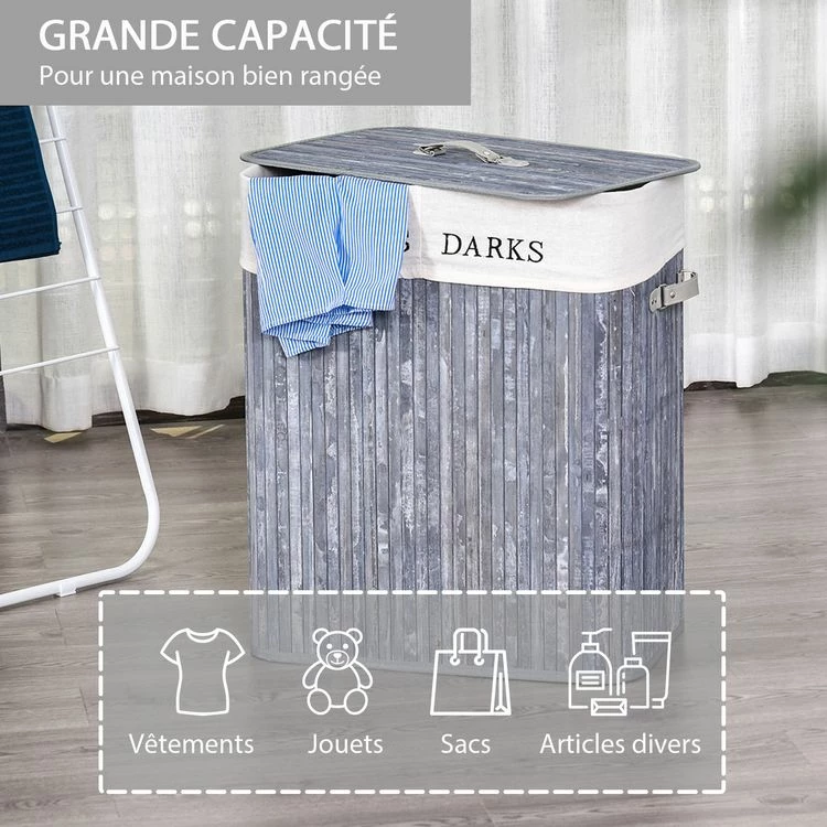 HOMCOM Panier à Linge Corbeille à Linge 2 Bacs Bambou Pliable Couvercle Poignée Sac Amovible En Toile Gris 4 HOMCOM Panier à Linge Corbeille à Linge 2 Bacs Bambou Pliable Couvercle Poignée Sac Amovible En Toile Gris – Image 4