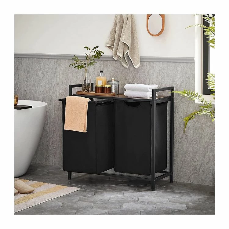 CALICOSY Panier à Linge Avec 2 Sacs En Tissu Oxford Noir Et Cadre Métal - L73 X H72 Cm 2 CALICOSY Panier à Linge Avec 2 Sacs En Tissu Oxford Noir Et Cadre Métal - L73 X H72 Cm – Image 2