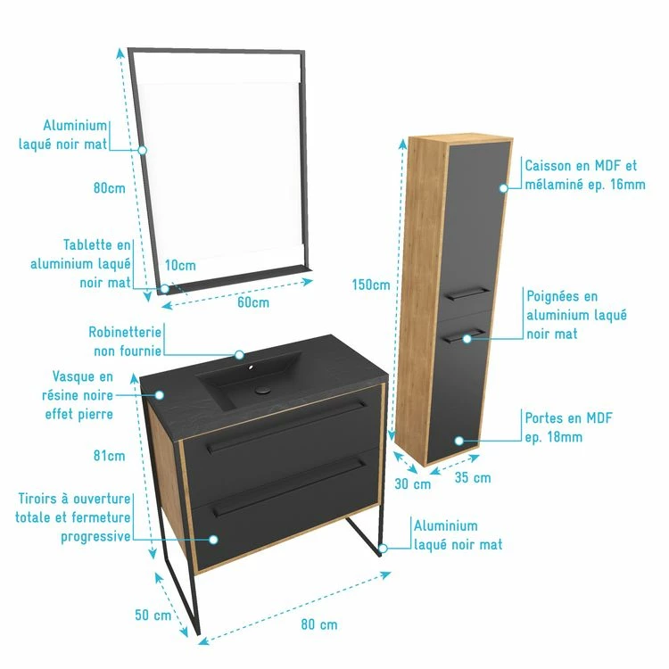 Aurlane Meuble De Salle De Bain 80x50cm - Vasque Noir Effet Pierre -tiroirs Noir Mat + Colonne + Mirroir 4 Aurlane Meuble De Salle De Bain 80x50cm - Vasque Noir Effet Pierre -tiroirs Noir Mat + Colonne + Mirroir – Image 4