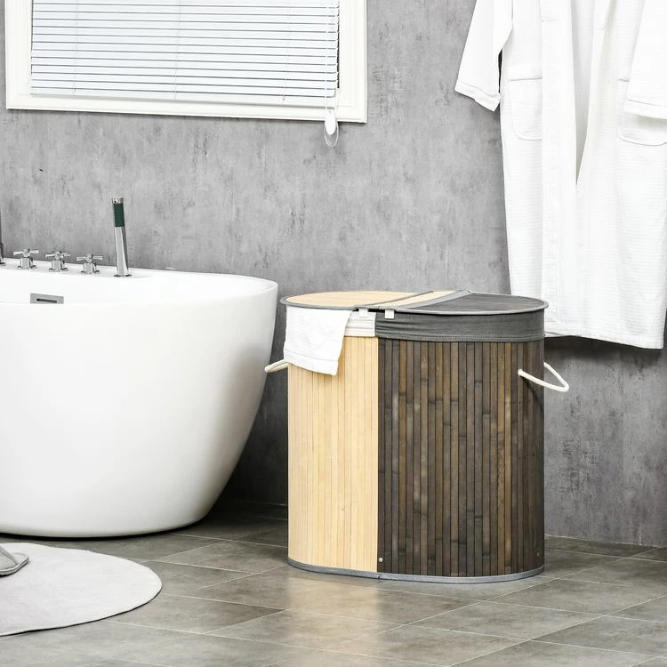 HOMCOM Panier à Linge Corbeille à Linge Bac à Linge 100 L 2 Compartiments Couvercle Sac Amovible 2 Poignées Tissu Bambou 2 HOMCOM Panier à Linge Corbeille à Linge Bac à Linge 100 L 2 Compartiments Couvercle Sac Amovible 2 Poignées Tissu Bambou – Image 2