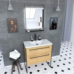 Aurlane Pack Meuble SDB 80cm Sur Pieds 2 Tiroirs Chene_Vasque Resine Blanche + Miroir Led