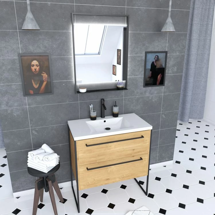 Aurlane Pack Meuble SDB 80cm Sur Pieds 2 Tiroirs Chene_Vasque Resine Blanche + Miroir Led 1 Aurlane Pack Meuble SDB 80cm Sur Pieds 2 Tiroirs Chene_Vasque Resine Blanche + Miroir Led