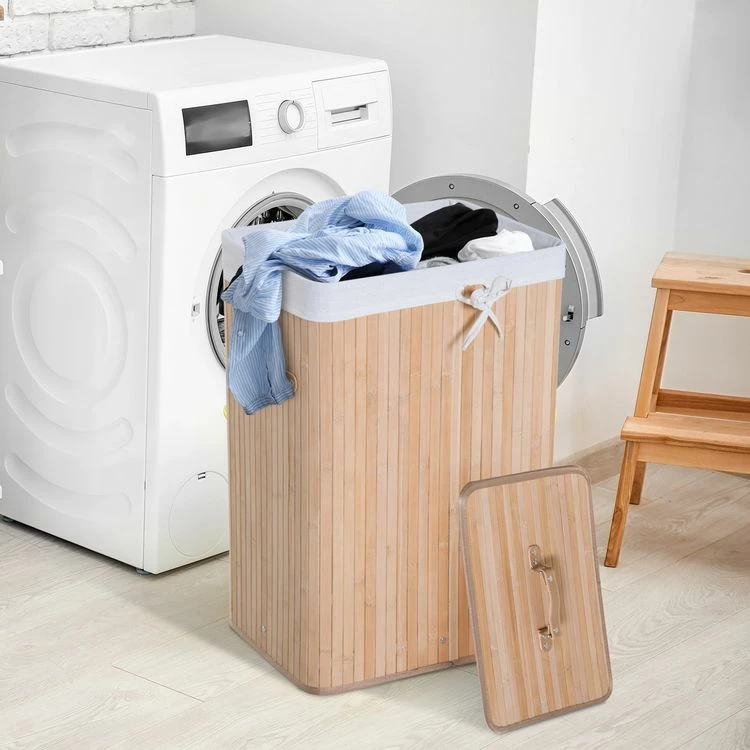 HOMCOM Panier à Linge Corbeille à Linge Bac à Linge Bambou Pliable Couvercle Sac Amovible 3 Poignées PU 40L X 30l X 60H Cm Beige 2 HOMCOM Panier à Linge Corbeille à Linge Bac à Linge Bambou Pliable Couvercle Sac Amovible 3 Poignées PU 40L X 30l X 60H Cm Beige – Image 2