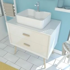 Aurlane MEUBLE SALLE DE BAIN SCANDINAVE BLANC 80 CM SUR PIEDS AVEC TIROIR ET VASQUE A POSER -NORDIK BASIS 80