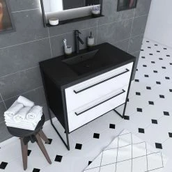 Aurlane Meuble De Salle De Bain 80x50 Cm Noir MAT - 2 Tiroirs BLANC - Vasque Résine Noire Effet Pierre