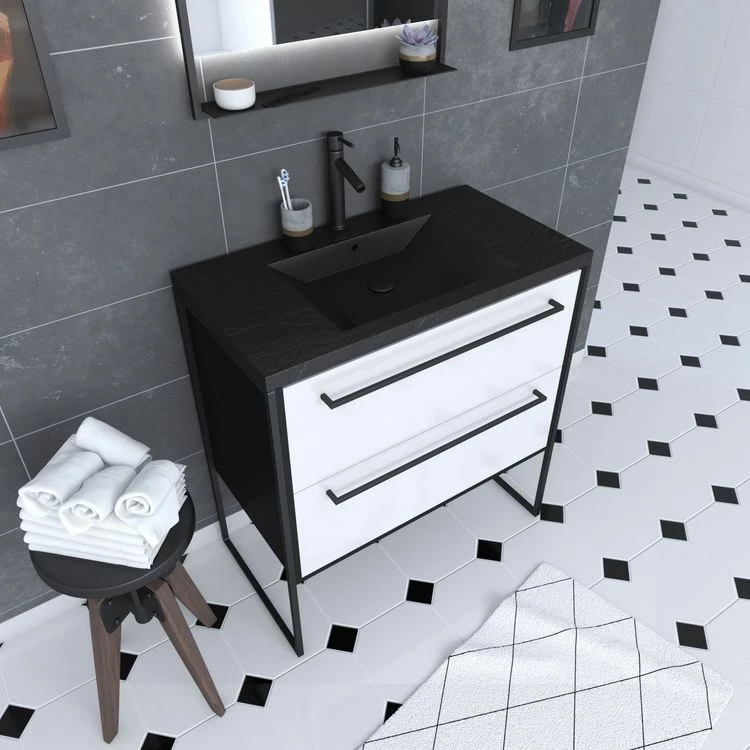 Aurlane Meuble De Salle De Bain 80x50 Cm Noir MAT - 2 Tiroirs BLANC - Vasque Résine Noire Effet Pierre 1 Aurlane Meuble De Salle De Bain 80x50 Cm Noir MAT - 2 Tiroirs BLANC - Vasque Résine Noire Effet Pierre