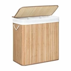 CALICOSY Panier à Linge En Bambou 3 Compartiments Avec Couvercle Et Poignées, 150L - L60 X H61,5 Cm
