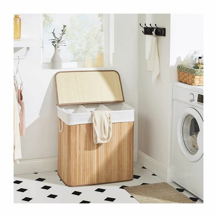 CALICOSY Panier à Linge En Bambou 3 Compartiments Avec Couvercle Et Poignées, 150L - L60 X H61,5 Cm 2 CALICOSY Panier à Linge En Bambou 3 Compartiments Avec Couvercle Et Poignées, 150L - L60 X H61,5 Cm – Image 2