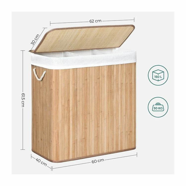 CALICOSY Panier à Linge En Bambou 3 Compartiments Avec Couvercle Et Poignées, 150L - L60 X H61,5 Cm 4 CALICOSY Panier à Linge En Bambou 3 Compartiments Avec Couvercle Et Poignées, 150L - L60 X H61,5 Cm – Image 4