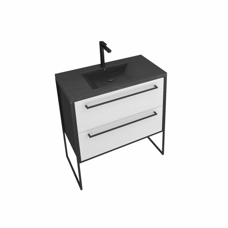 Aurlane Meuble De Salle De Bain 80x50 Cm Noir MAT - 2 Tiroirs BLANC - Vasque Résine Noire Effet Pierre 3 Aurlane Meuble De Salle De Bain 80x50 Cm Noir MAT - 2 Tiroirs BLANC - Vasque Résine Noire Effet Pierre – Image 3