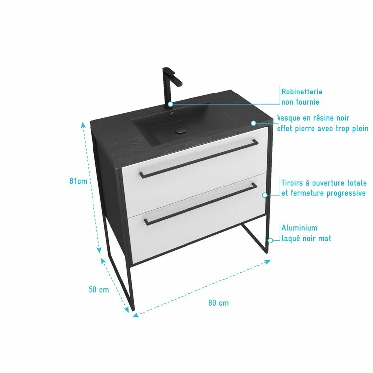 Aurlane Meuble De Salle De Bain 80x50 Cm Noir MAT - 2 Tiroirs BLANC - Vasque Résine Noire Effet Pierre 4 Aurlane Meuble De Salle De Bain 80x50 Cm Noir MAT - 2 Tiroirs BLANC - Vasque Résine Noire Effet Pierre – Image 4