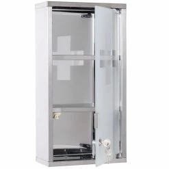 HOMCOM Armoire à Pharmacie 2 étagères 3 Niveaux Verrouillable Porte Verre Trempé Dépoli Logo Croix 25L X 12l X 48H Cm Acier Inox