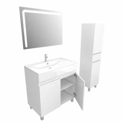 Aurlane Ensemble Meuble De Salle De Bain Blanc 60cm Sur Pied + Vasque Ceramique Blanche + Miroir Led -Paris Prix boutique B2CD 430