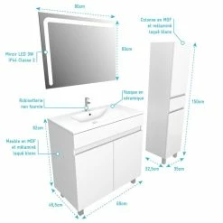 Aurlane Ensemble Meuble De Salle De Bain Blanc 60cm Sur Pied + Vasque Ceramique Blanche + Miroir Led -Paris Prix boutique B2CD 431