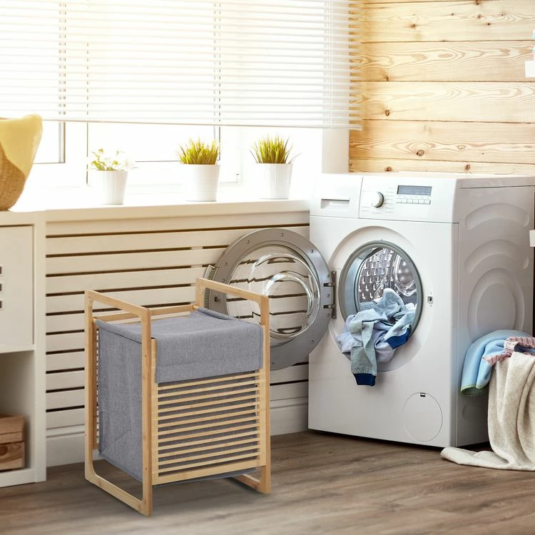 HOMCOM Panier à Linge Corbeille à Linge Bac à Linge Bambou Housse Polyester Gris Amovible 2 Poignées 2 HOMCOM Panier à Linge Corbeille à Linge Bac à Linge Bambou Housse Polyester Gris Amovible 2 Poignées – Image 2