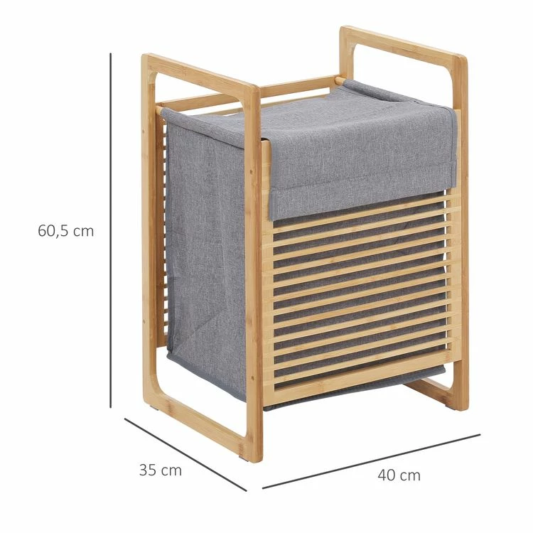 HOMCOM Panier à Linge Corbeille à Linge Bac à Linge Bambou Housse Polyester Gris Amovible 2 Poignées 3 HOMCOM Panier à Linge Corbeille à Linge Bac à Linge Bambou Housse Polyester Gris Amovible 2 Poignées – Image 3