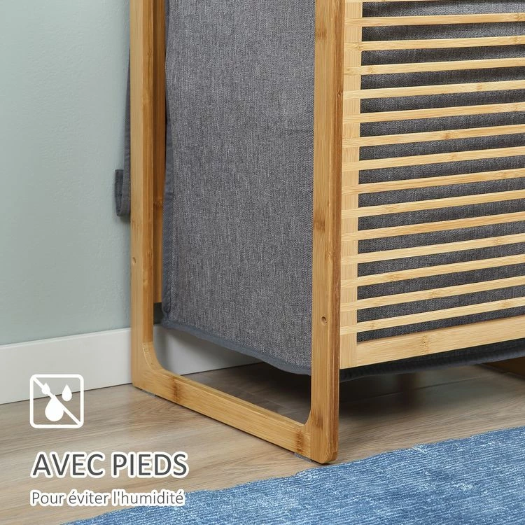 HOMCOM Panier à Linge Corbeille à Linge Bac à Linge Bambou Housse Polyester Gris Amovible 2 Poignées 6 HOMCOM Panier à Linge Corbeille à Linge Bac à Linge Bambou Housse Polyester Gris Amovible 2 Poignées – Image 6