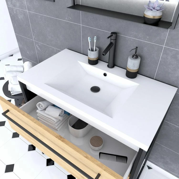 Aurlane Meuble Salle De Bains 80 Cm, Vasque Résine Blanche, Miroir Led - Finition Chêne Et Noir - STRUCTURA 2 Aurlane Meuble Salle De Bains 80 Cm, Vasque Résine Blanche, Miroir Led - Finition Chêne Et Noir - STRUCTURA – Image 2