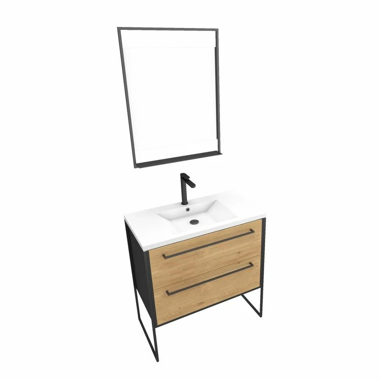 Aurlane Meuble Salle De Bains 80 Cm, Vasque Résine Blanche, Miroir Led - Finition Chêne Et Noir - STRUCTURA 3 Aurlane Meuble Salle De Bains 80 Cm, Vasque Résine Blanche, Miroir Led - Finition Chêne Et Noir - STRUCTURA – Image 3
