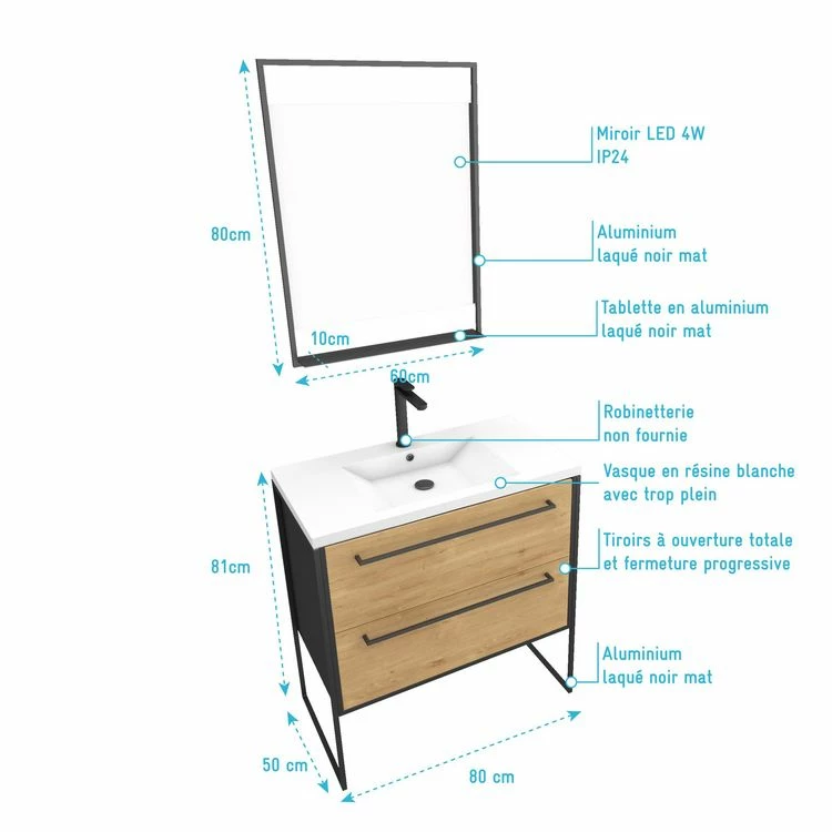 Aurlane Meuble Salle De Bains 80 Cm, Vasque Résine Blanche, Miroir Led - Finition Chêne Et Noir - STRUCTURA 4 Aurlane Meuble Salle De Bains 80 Cm, Vasque Résine Blanche, Miroir Led - Finition Chêne Et Noir - STRUCTURA – Image 4