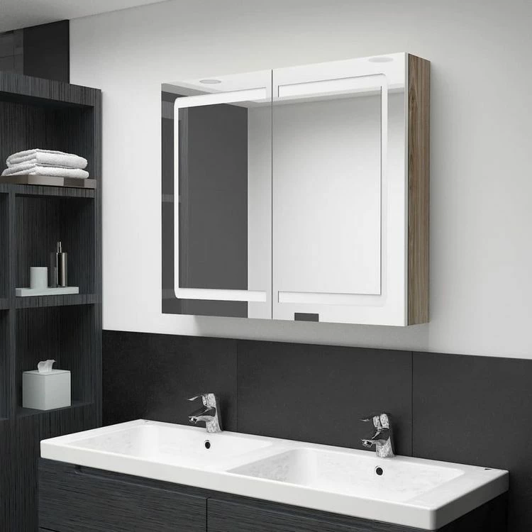 VIDAXL Armoire De Salle De Bain A Miroir LED Blanc Et Chene 80x12x68cm 1 VIDAXL Armoire De Salle De Bain A Miroir LED Blanc Et Chene 80x12x68cm