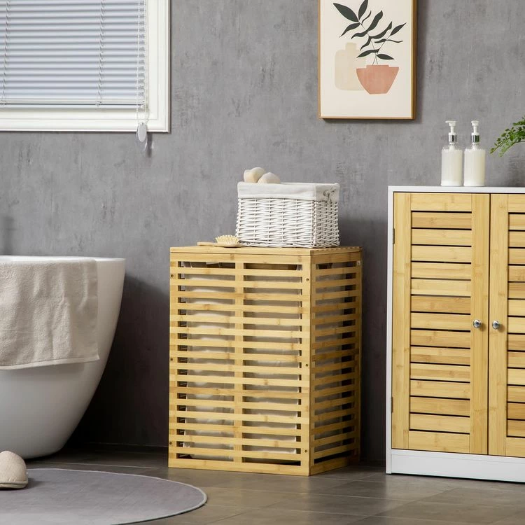 HOMCOM Panier à Linge Corbeille à Linge Bac à Linge Bambou Couvercle Sac Amovible Polyester Beige 2 HOMCOM Panier à Linge Corbeille à Linge Bac à Linge Bambou Couvercle Sac Amovible Polyester Beige – Image 2