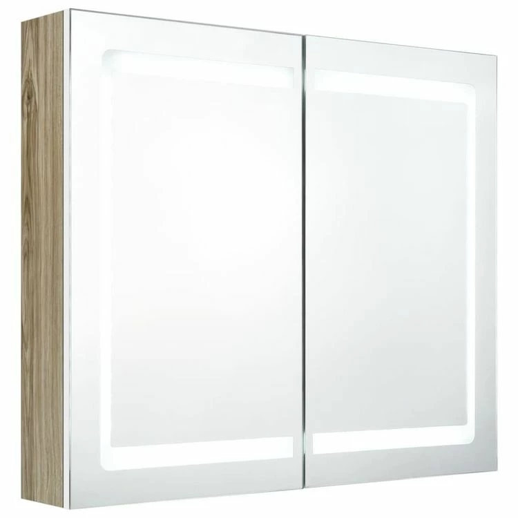 VIDAXL Armoire De Salle De Bain A Miroir LED Blanc Et Chene 80x12x68cm 2 VIDAXL Armoire De Salle De Bain A Miroir LED Blanc Et Chene 80x12x68cm – Image 2