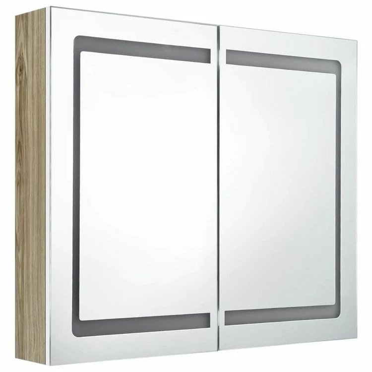 VIDAXL Armoire De Salle De Bain A Miroir LED Blanc Et Chene 80x12x68cm 3 VIDAXL Armoire De Salle De Bain A Miroir LED Blanc Et Chene 80x12x68cm – Image 3