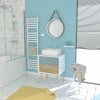 Aurlane MEUBLE SALLE DE BAIN SCANDINAVE BLANC BLEU ET BOIS NATUREL 60 CM AVEC TIROIR, VASQUE A POSER