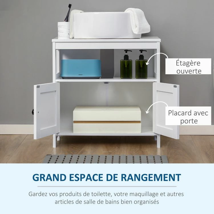 KLEANKIN Meuble Vasque - Meuble Sous-vasque - 2 Portes Rainurées Avec étagère - Poignées Alliage Aluminium - Dim. 60L X 30l X 60H Cm - MDF Blanc 4 KLEANKIN Meuble Vasque - Meuble Sous-vasque - 2 Portes Rainurées Avec étagère - Poignées Alliage Aluminium - Dim. 60L X 30l X 60H Cm - MDF Blanc – Image 4