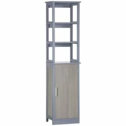 KLEANKIN Meuble Colonne Rangement Salle De Bain Avec Placard Et 3 étagères Dim. 40L X 30l X 160H MDF Gris Et Chêne Clair