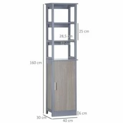 KLEANKIN Meuble Colonne Rangement Salle De Bain Avec Placard Et 3 étagères Dim. 40L X 30l X 160H MDF Gris Et Chêne Clair -Paris Prix boutique B2CD 461