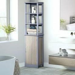 KLEANKIN Meuble Colonne Rangement Salle De Bain Avec Placard Et 3 étagères Dim. 40L X 30l X 160H MDF Gris Et Chêne Clair -Paris Prix boutique B2CD 462