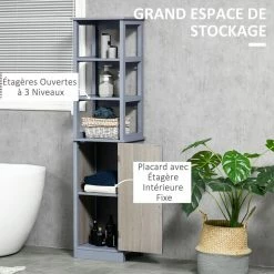 KLEANKIN Meuble Colonne Rangement Salle De Bain Avec Placard Et 3 étagères Dim. 40L X 30l X 160H MDF Gris Et Chêne Clair -Paris Prix boutique B2CD 463