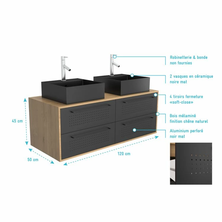 Aurlane Meuble De Salle De Bain Caisson 4 Tiroirs + 2 Vasques Rectangles - UBY 120cm 4 Aurlane Meuble De Salle De Bain Caisson 4 Tiroirs + 2 Vasques Rectangles - UBY 120cm – Image 4