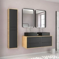 Aurlane Meuble De Salle De Bain - 120x45 + 2 Vasques Carrées Noire Mat + Colonne - UBY 120